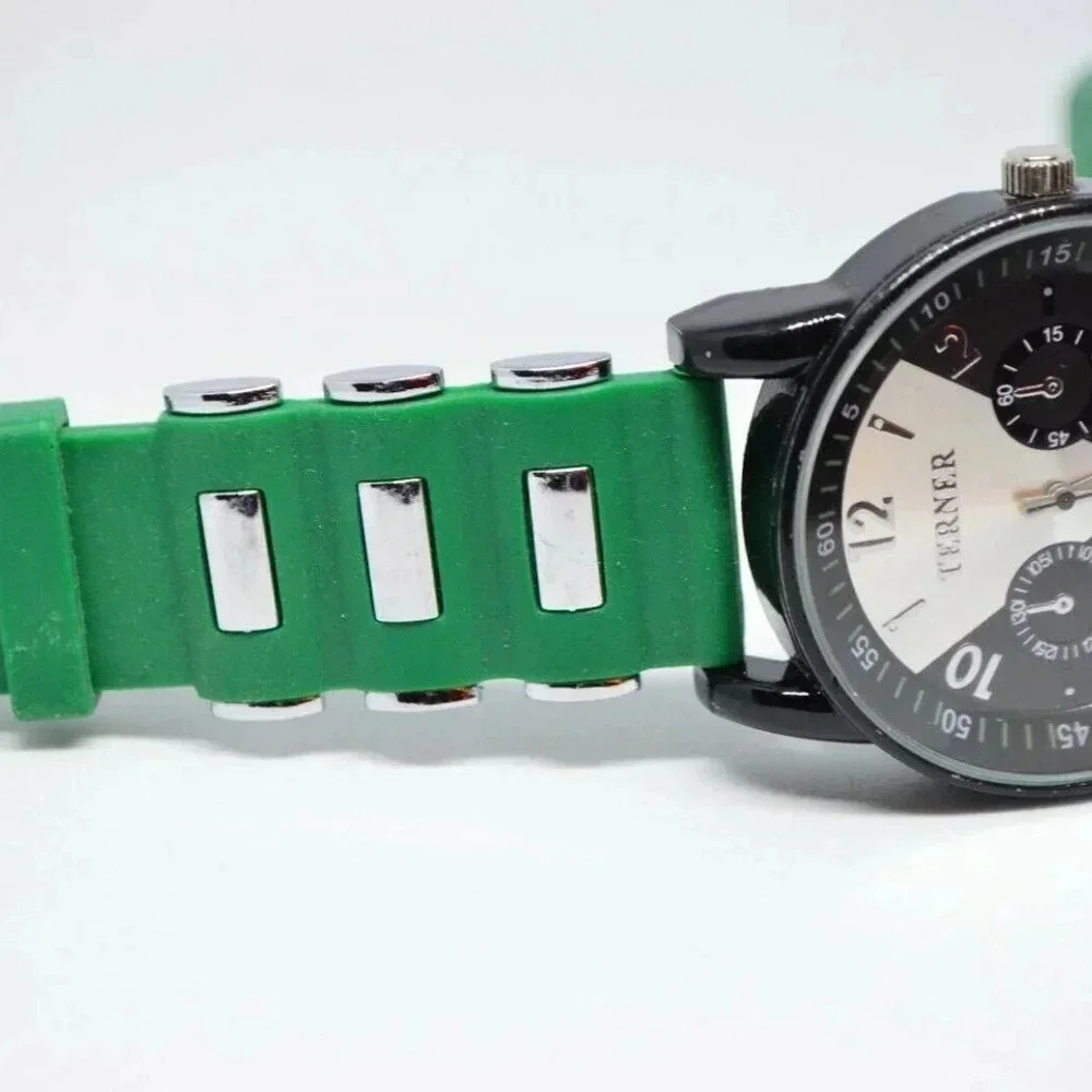 Terner Quartz Black Silver Green Band Wrist Watch